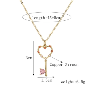 Golden heart key necklace in copper zircon with colorful stones, size 45+5cm 3x1.5cm