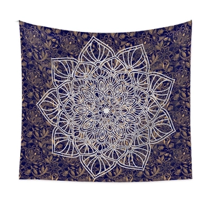Blue and gold bohemian mandala wall tapestry with intricate paisley floral patterns