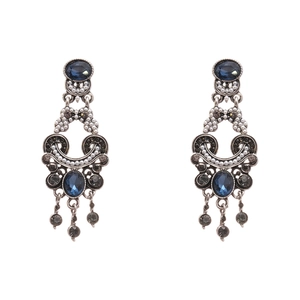 Vintage oval tassel earrings with blue gemstones and faux pearls on a clean white background