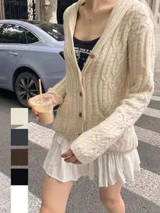 Women Cardigan Sweater Cable Knit Acrylic V Neck Button Down Long Sleeve Casual Loose Outwear With Pockets Solid Color