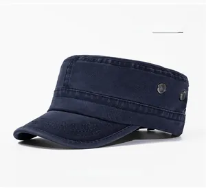 Detailed side view of navy blue cotton cadet cap with metal eyelets and reinforced brim