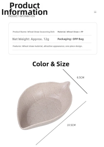 Leaf shaped wheat straw seasoning dish showing dimensions 10.5x6.5cm with eco texture