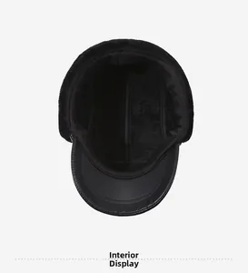 Close-up of thick black faux fur lining and ear flaps on winter thermal hat for men