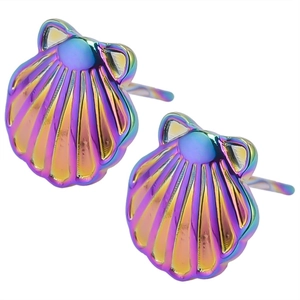 Detailed view of 304 stainless steel shell stud earrings with iridescent rainbow finish