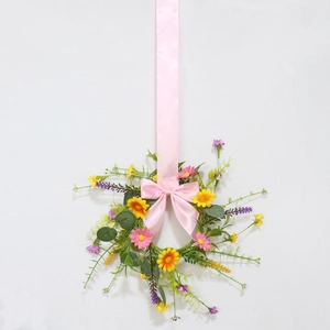 Floral wreath with yellow daisies, pink cosmos, lavender, and a long satin bow