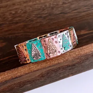 Vintage elastic rectangle bracelet with Christmas tree and snowflake metal engraving