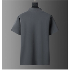 Detail view of the back of a seamless dark grey ice silk polo shirt on a hanger