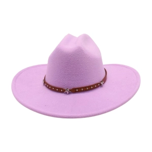 Vintage Western Cowboy Hat Felt Wide Brim Fedora With Leather Belt Silver Stars Rivets Unisex Outdoor Sun Protection