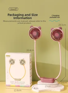 Pink portable neck fan with dual heads and base shown on a decorative pedestal