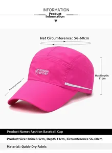 Detail view of pink quick-dry sports cap with 8.5cm brim and adjustable measurements