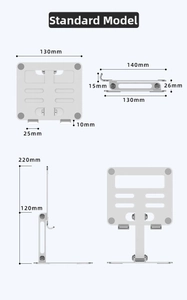 Detailed size specifications for adjustable aluminum tablet stand showing folding dimensions