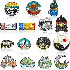 Enamel Pin Brooch Alloy Metal Outdoor Camping Adventure Travel Mountains Forest Bear Camera Cartoon Jewelry For Bags