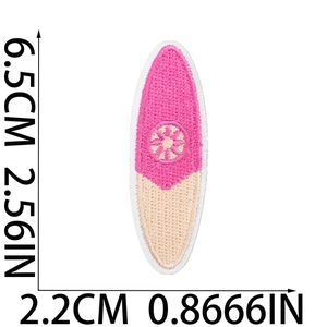 Detailed size specifications for pink surfboard embroidered patch measuring 6.5x2.2 cm