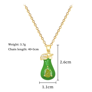 Detailed view of leaf necklace with green pear gemstone and technical dimensions