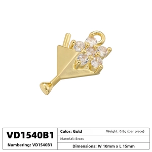 Detailed close-up of a 10x15mm gold brass flower pendant with sparkling cubic zirconia