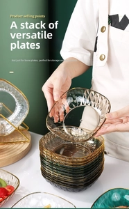 Macro shot of stackable diamond texture fruit plates with elegant gold rim finish