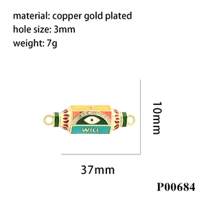 Detail view of colorful enamel evil eye charm with dimensions 37mm x 10mm in gold plating