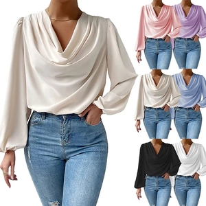 Women Cowl Neck Blouse Chiffon Long Lantern Sleeve Elegant Loose Solid Color Office Top