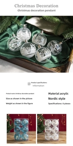 Detail view of 6-pack clear acrylic Christmas balls with white cedar and cottage prints
