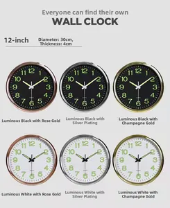 Detail view of 12 inch luminous wall clocks in various metallic finishes and 30cm size