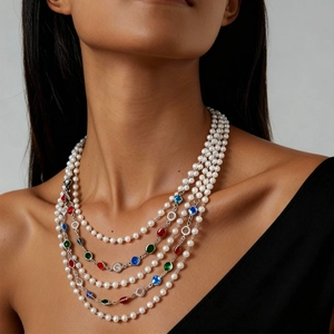 Baroque Vintage Multi Layer Necklace Faux Artificial Pearl Colorful Glass Beads Alloy Sweater Chain For Women Elegant Jewelry
