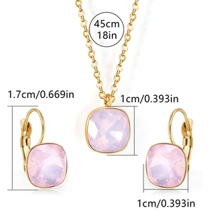 Detail view of gold stainless steel necklace and earrings with pink square zirconia size specs