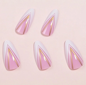 Almond shaped press-on nails in light purple with gold geometric V-lines and french style