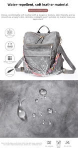 Detailed view of gray soft leather backpack showing water-resistant texture and woven strap