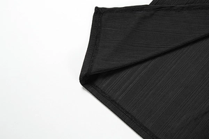 Detailed macro view of black ribbed knit fabric showing professional double stitching