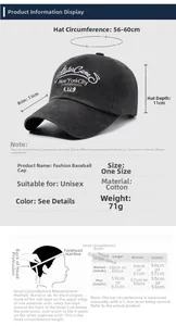 Size chart showing baseball cap dimensions with 7.5cm brim and 56-60cm circumference details