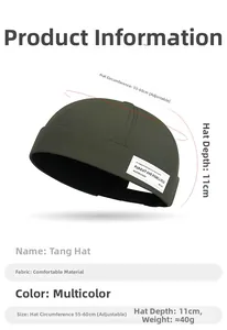 Product specifications of the green docker hat with dimensions and adjustable strap detail