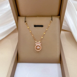Crown Pendant Necklace Moving Zircon Stainless Steel Chain Rose Gold Elegant Wedding Jewelry For Women