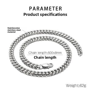 Detail view of silver stainless steel curb chain 500mm long and 8mm wide with lobster clasp