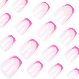 Minimalist French rose pink short square fake nails with glossy transparent base