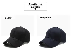 Detail view of sport baseball caps in black and navy blue with 3D letter embroidery