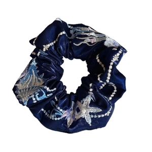 Navy blue oversized scrunchie with silver starfish embroidery and ocean theme
