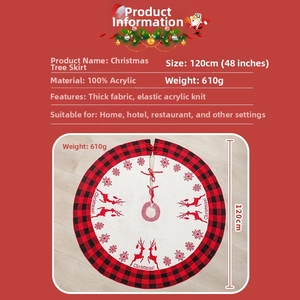 Detail of 48-inch knitted Christmas tree skirt with reindeer pattern and buffalo plaid trim