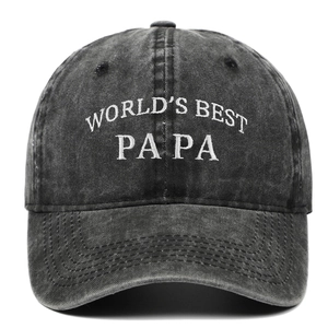 Vintage washed charcoal baseball cap featuring white World's Best Papa 3D embroidery
