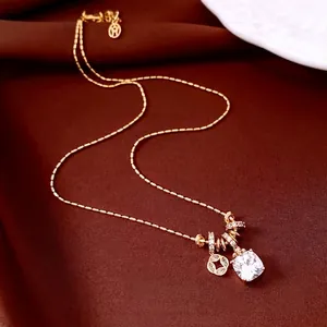 Square Cushion Cut Zircon Pendant Necklace Gold Plated Copper Luxury Clavicle Bead Chain Jewelry For Women