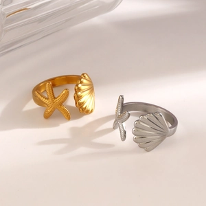 Bagues ouvertes réglables étoile de mer et coquillage en acier inoxydable doré et argenté