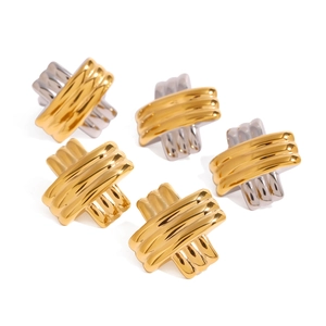 Polished stainless steel X-shaped earrings with striped texture in gold and silver tones