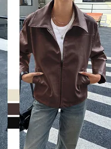 Giacca In Pelle PU Da Donna Ecopelle Maniche Lunghe Colletto A Revers Chiusura Lampo Street Style Chic Autunno Inverno