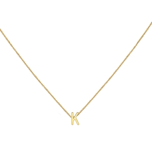 Detailed close-up of 18K gold letter K pendant necklace with polished finish and O-chain
