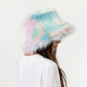 Close-up of fluffy faux fur bucket hat in pastel rainbow pink blue and purple colors