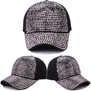 Detailed views of a trendy women's baseball cap fully embellished with silver rhinestones