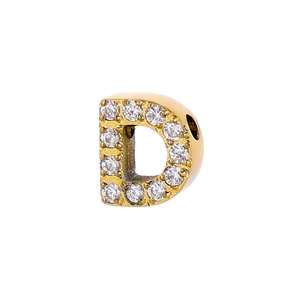 Detailed view of a gold-plated letter D pendant with micro-paved cubic zirconia stones