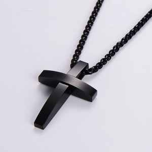 Minimalist black stainless steel cross necklace with a brushed finish on a box chain