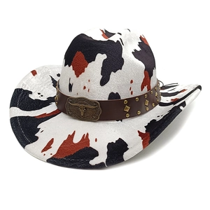 Western cowboy wool hat with cow print pattern and vintage bull head metal buckle