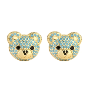 Cute hip hop bear stud earrings with gold plating and light blue crystal pave