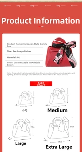 Detailed size comparison chart for PU leather wedding favor bags showing 4 dimensions